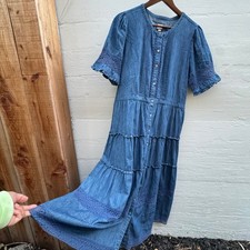 Gap x LoveShackFancy Edie Denim Maxi Dress L Blue Lace Tiered Button Front 79240