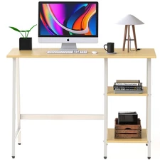 SHW Home Office Trestle Computer Desk, 43-Inch, Oak, Open Storage Shelves