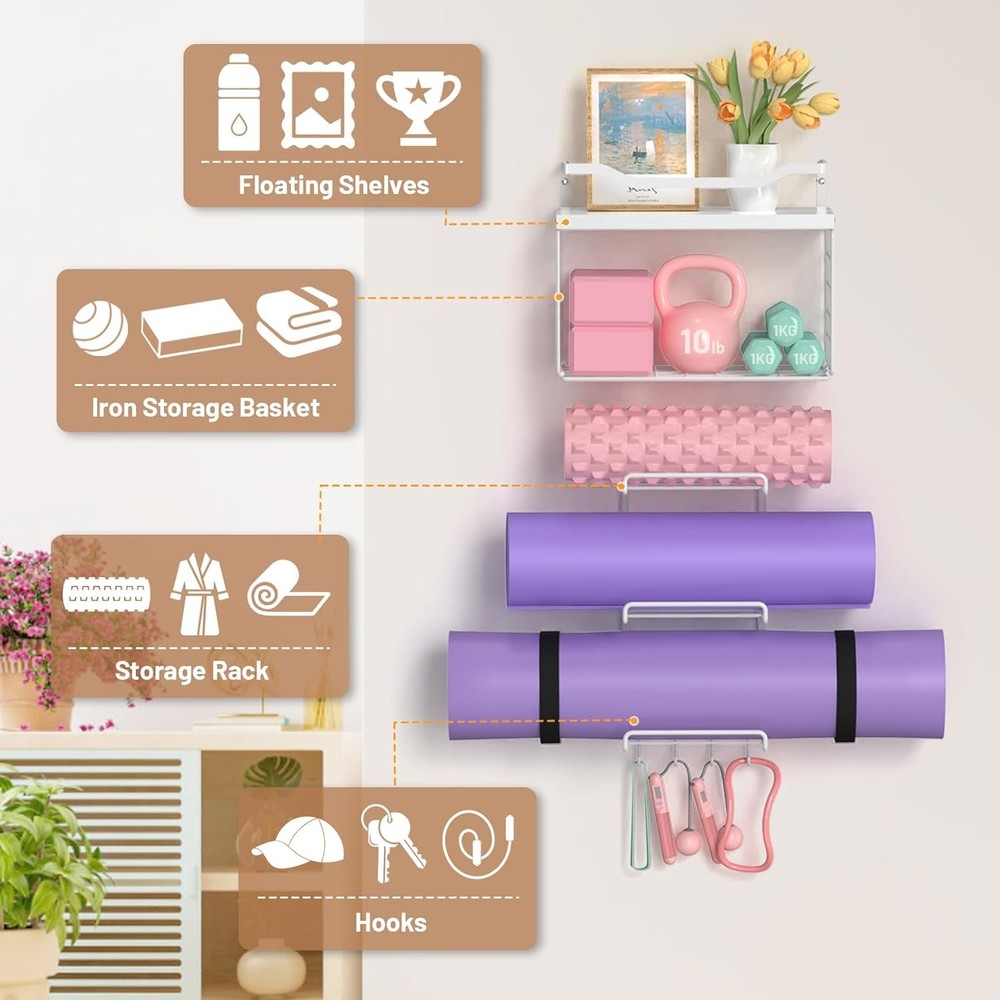 Wall Mount White Yoga Mat Holder for Home Gym Storage Rack