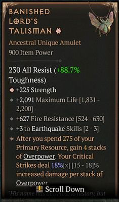   DIABLO 4 SEASON 13   Banished Lord's Talisman  Ancestral Unique Amulet