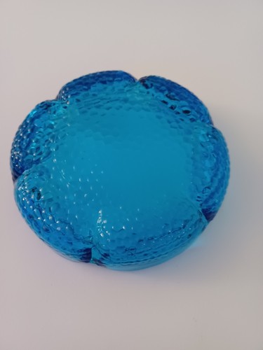 Anchor Hocking Aqua Cobalt Blue Glass Ashtray Lotus Petal Pebbled Base MCM 5" - Picture 6 of 7