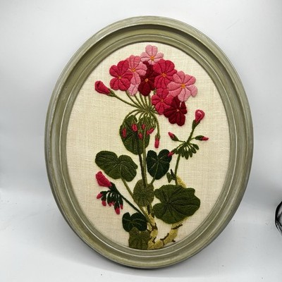 Vintage Geranium Oval Framed Flower Floral Crewel Diantha Fielding Paragon 16x12