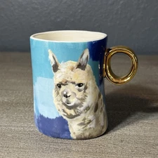 Lauren Walcott for Anthropologie 2017 Llama Alpaca Coffee Mug Cup Gold Handle