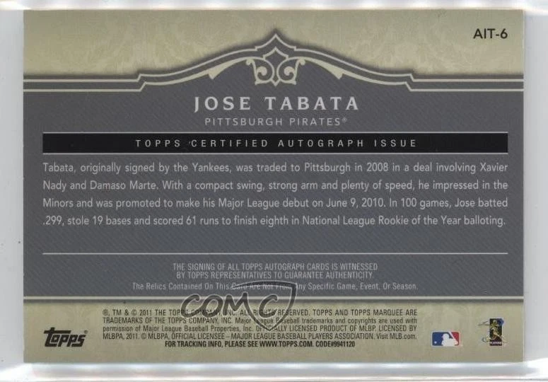 2011 Topps Marquee Acclaimed Impressions Triple /470 Jose Tabata #AIT-6 Auto - Image 2 of 2
