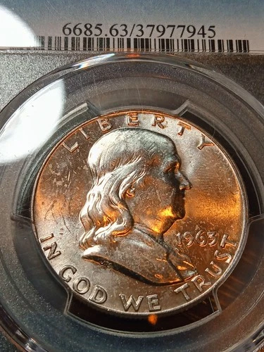 1963-D Franklin half. PCGS MS63. Pretty. No reserve.