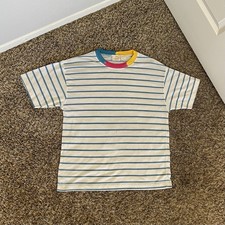 90s Huntington Ridge Small Striped Tee w Pink/yellow/blue Round Collar Design