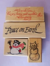 4 Christmas  snowman kitty peace wish rubber wood mounted stamps #42
