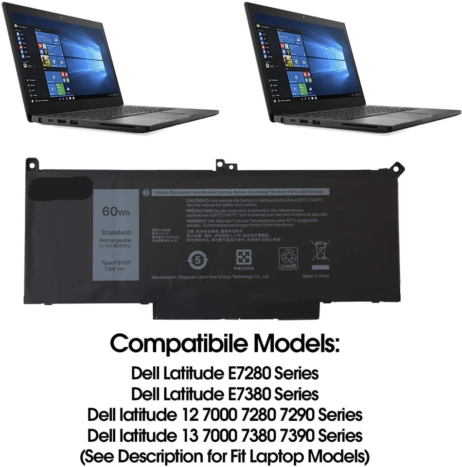 60Wh F3YGT Battery For Dell Latitude 7000 7280 7290 7380 7390 7480 7490 2X39G DM3WC - Image 3 of 4