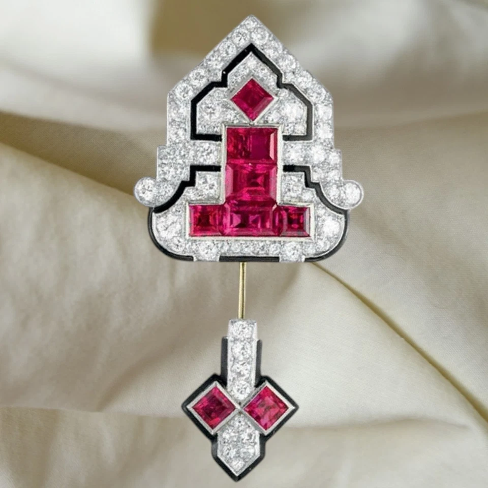 Lab Pink Sapphire Jabot Pin 925 Sterling Silver Art Deco Enamel Handmade Jewelry - Image 3 of 4