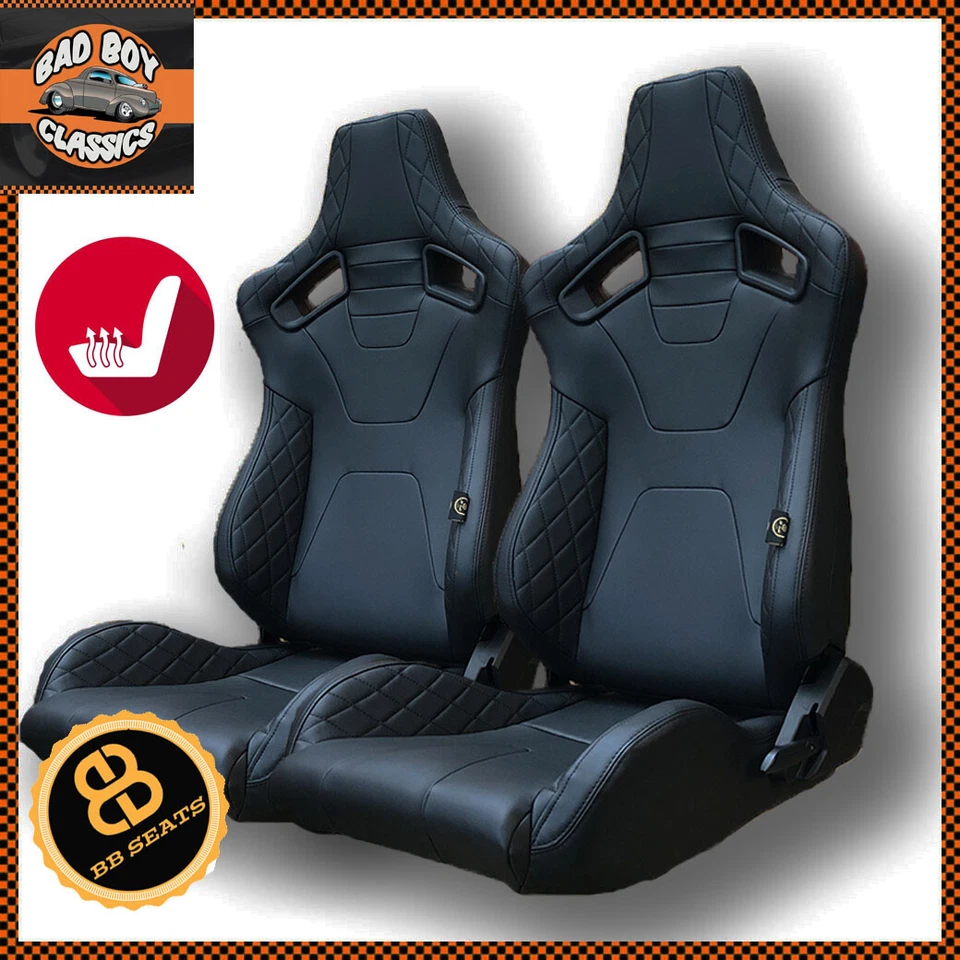 Pair HEATED BB6 RS Black Diamond Stitch Reclining Bucket Sports Seats + Runners