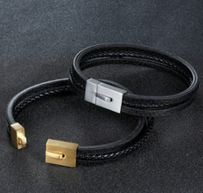 Men's Women's 10 mm Flat Black Genuine Leather Bracelet Wristband Bangle 7.2-8"