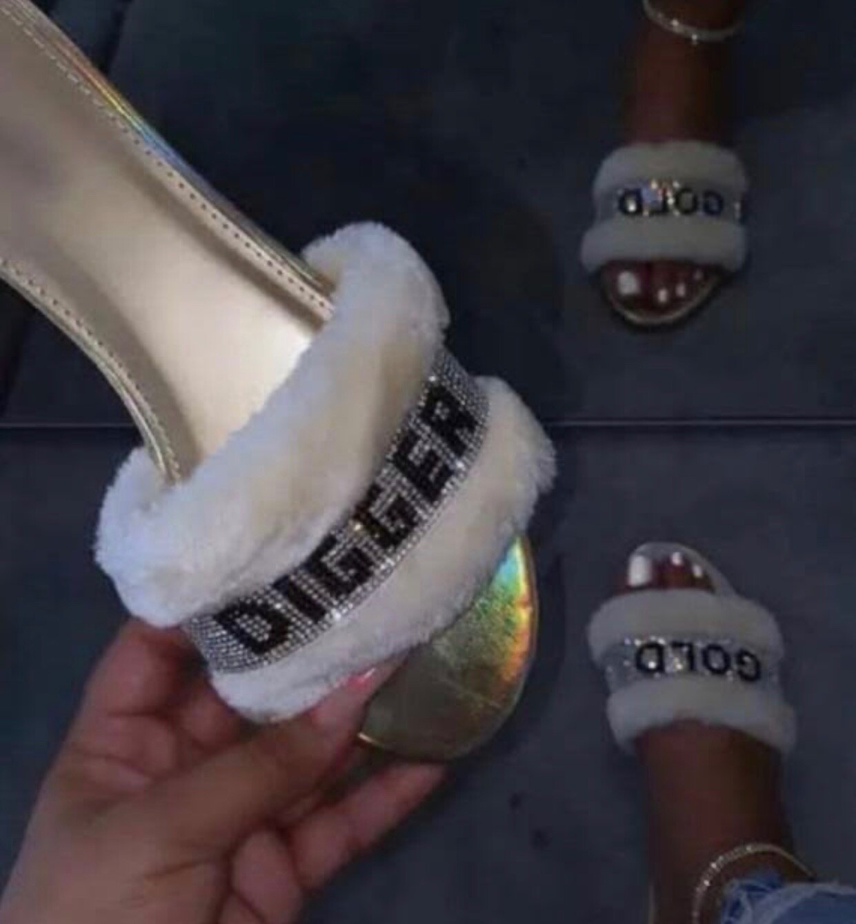 PANTOFOLA D’ORO Ciabatta in pelliccia sintetica cristallo scivolo pelliccia Bling Okurr Barbie Tingz sandalo con strass