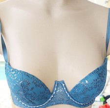 victorias secret bra Rare Vintage 34B Silver Studs Blue Lined Balconet Shine