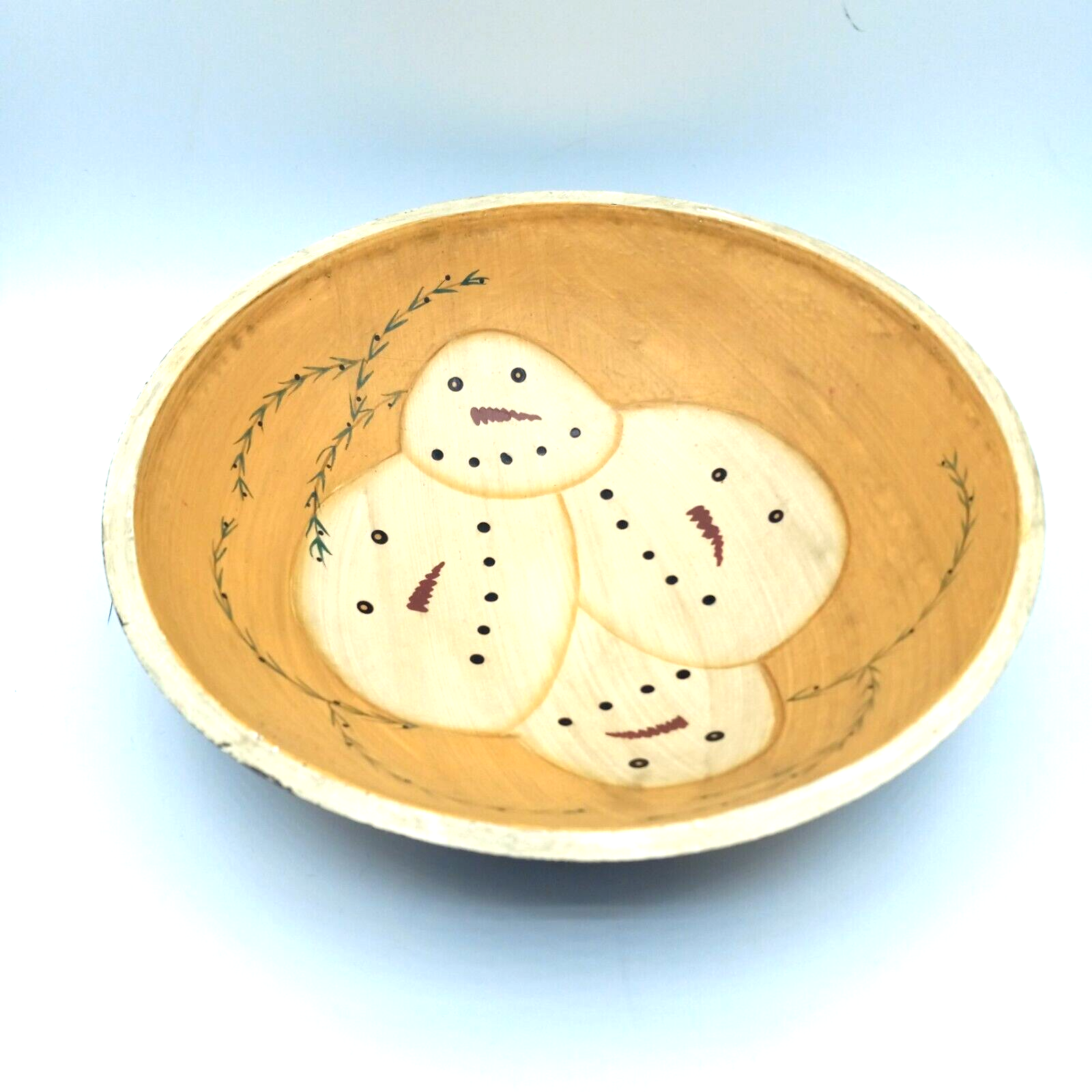 Primative Snowman Wooden Decorative Bowl Hand Painted Winter Farmhouse