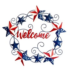 Rustic Hanging Metal Americana Star Welcome Front Door Wreaths Patriotic Wall...