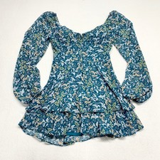 City Vibe Floral Tiered Ruffle Mini Dress Womens Sz 1 Teal Boho Chiffon