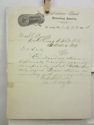 1884 Anheuser Busch Letter to a Distributor in Belton Texas