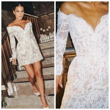 Ivory White Off Shoulder Lace Wedding Dress Long Sleeved Mini Prom Bridal Gown