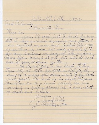 1931 Handwritten Letter Frank Virdy E.N. Kunderig Fruitland Park FL J Akin Lee