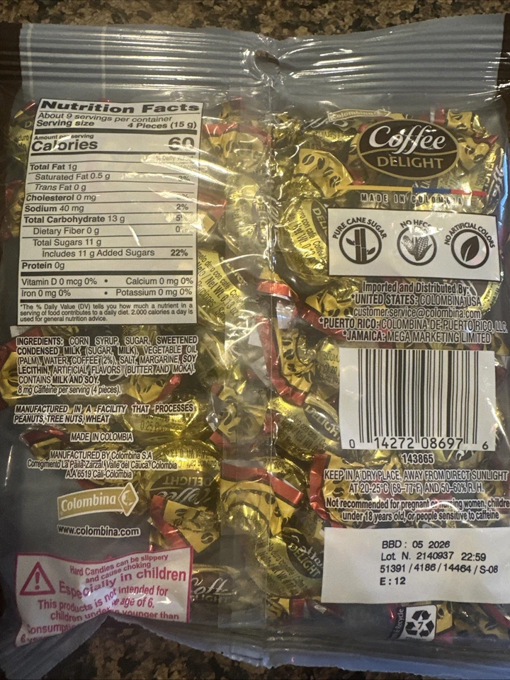 2 Bags Colombina Coffee Delight Hard Candy 4.7 Oz Sugar Cane Made W/ Real Coffee - Image 3 of 4