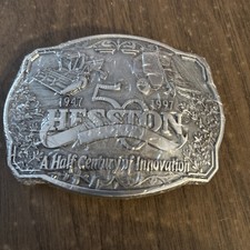 Hesston 1997 50th Anniversary Farm Innovation Adult Buckle, Vintage, Orig. Pkg.