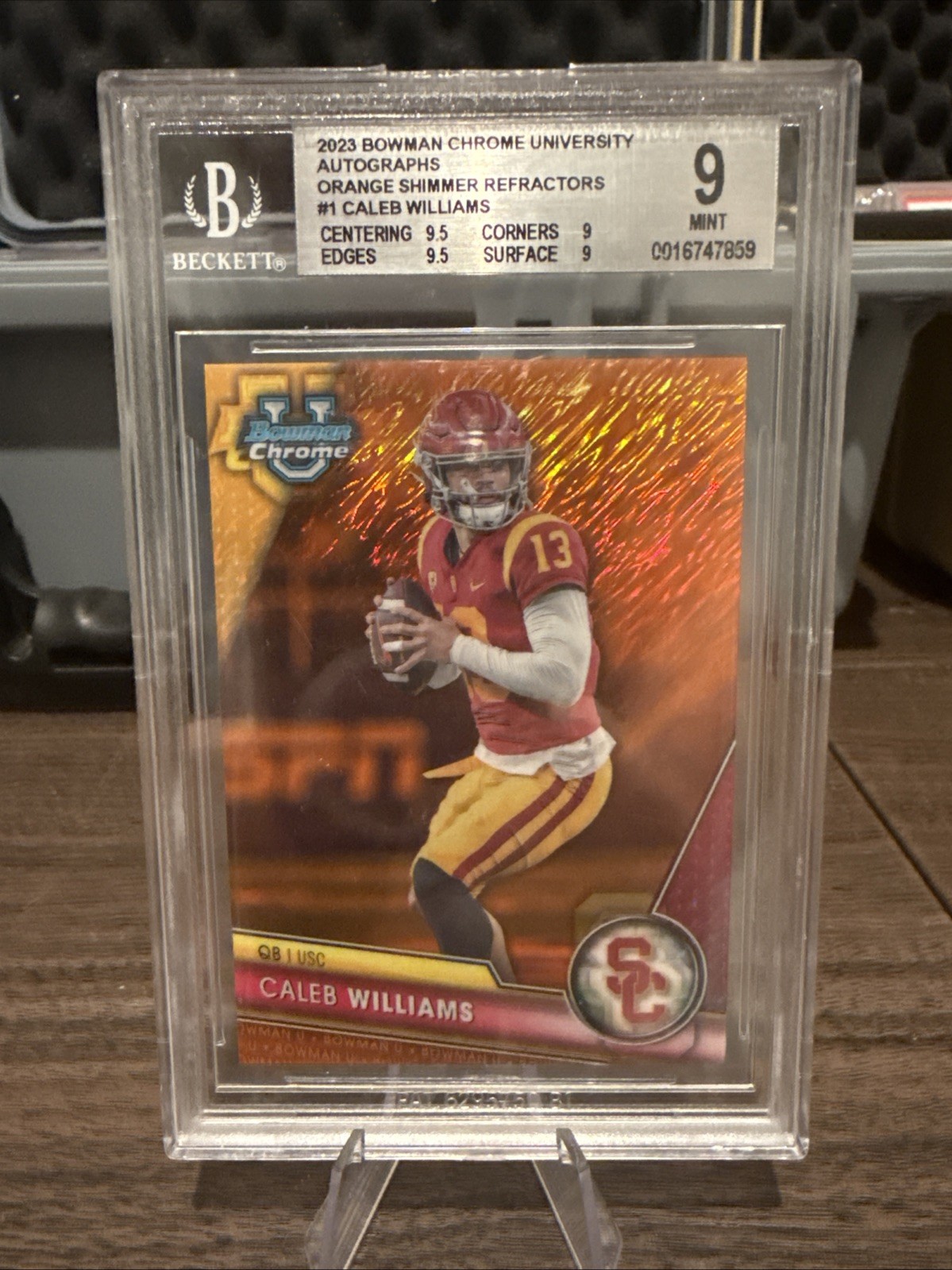 2023 Bowman University Chrome Caleb Williams /25 Orange Shimmer #1 Rookie BGS 9