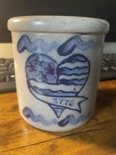 VTG Rowe Pottery Works Crock 1991 Salt Glazed Stoneware Blue 4.5” T 4” Dia.