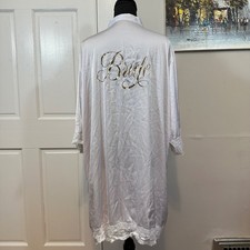 White Satin Bride Robe Gold Graphic Lace Trim Wedding Morning Kimono Lingerie