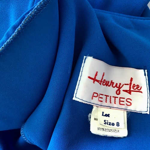Vtg 70s Henry Lee Dress Womens Petite 8 Royal Blue Drape Front Midi Formal Shift - Picture 2 of 8