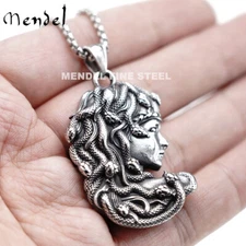 MENDEL Mens Womens Stainless Steel Greek Snake Medusa Head Pendant Necklace Men