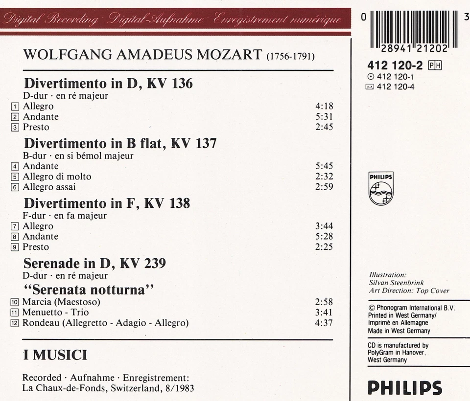 MOZART Serenata Notturna 3 Divertimenti I MUSICI Divertimentos Sérénade CD DDD - Photo 2/2