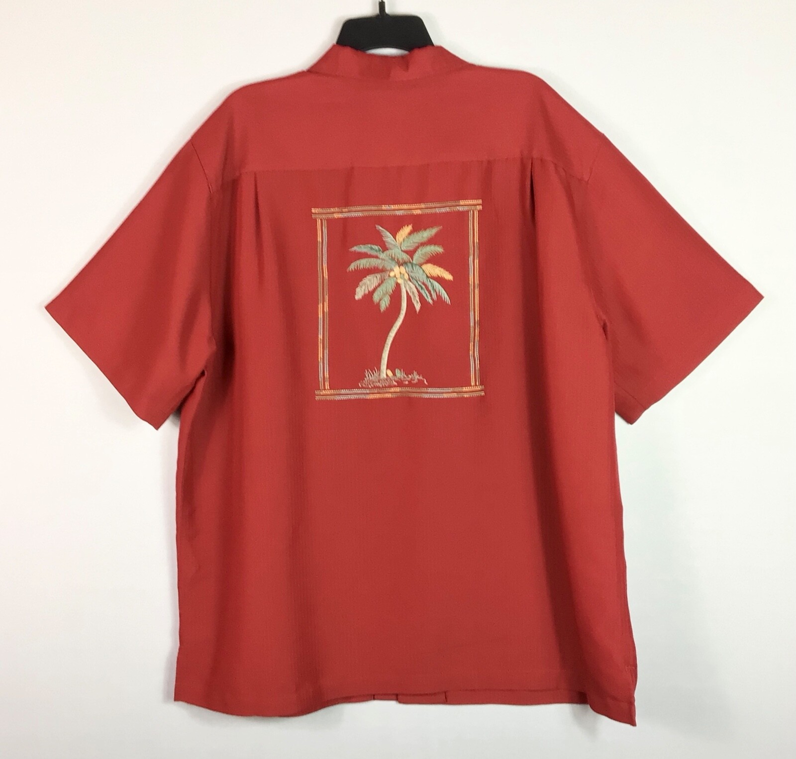 Caribbean Shirt Mens XL Red Embroidered Palm Tree Short Sleeves Button Collared
