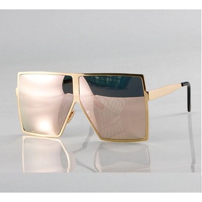 Oversize Vintage Retro Shield Style SUN GLASSES XL Square Gold Frame Pink Lens