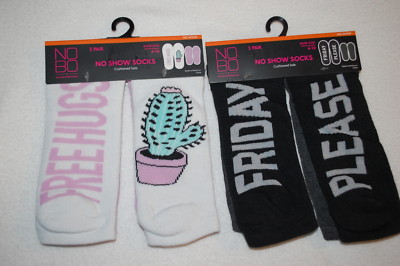 Womens 4 PAIR LOT NO SHOW SOCKS Cactus FREE HUGS Friday Please SHOE SIZE 4-10