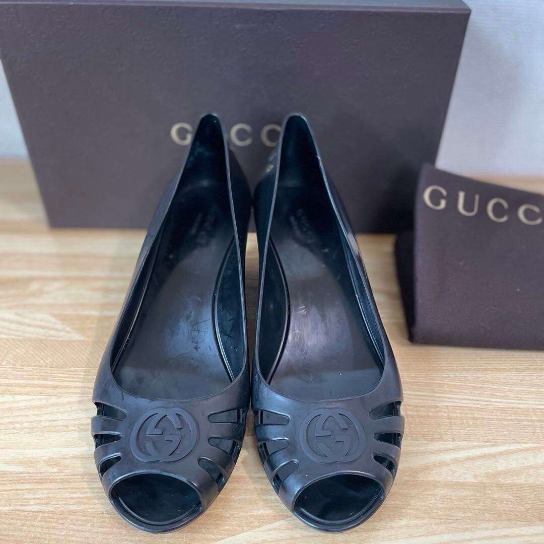 GUCCI GG Logo Wedge Sole Rubber Ope Toe Sandals Mules Pumps GUCCI GG Logo Wedge Sole Rubber Ope Toe Sandals Mules Pumps