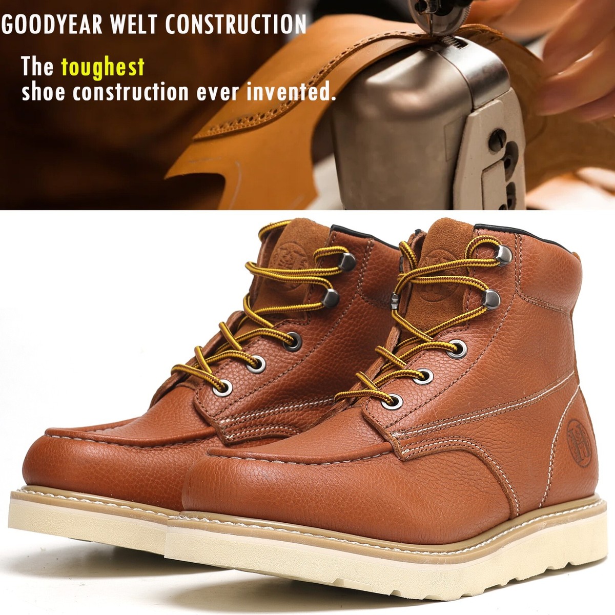 HANDMEN Soft Moc Toe EH WR Mens Work Boots, Non-Slip EVA Rubber