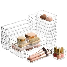 Clear Drawer Organizer Set - 25 Piece Plastic Storage Bins for Desk, Bathroom...