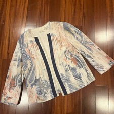 Chicos Linen Fringe Jacket Paisley Pattern Cream Multi Woven Knit Size 0 / Small