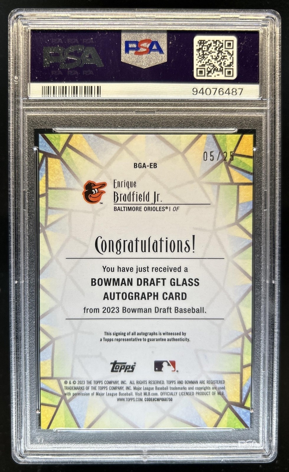 2023 Bowman Draft Enrique Bradfield Jr. Glass Auto Orange Refractor #/25 PSA 10 view 2