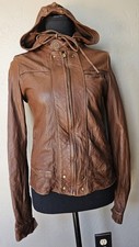 MIKE & CHRIS Women Hooded Brown Leather Moto Biker Jacket M Runs XS or S VTG USA