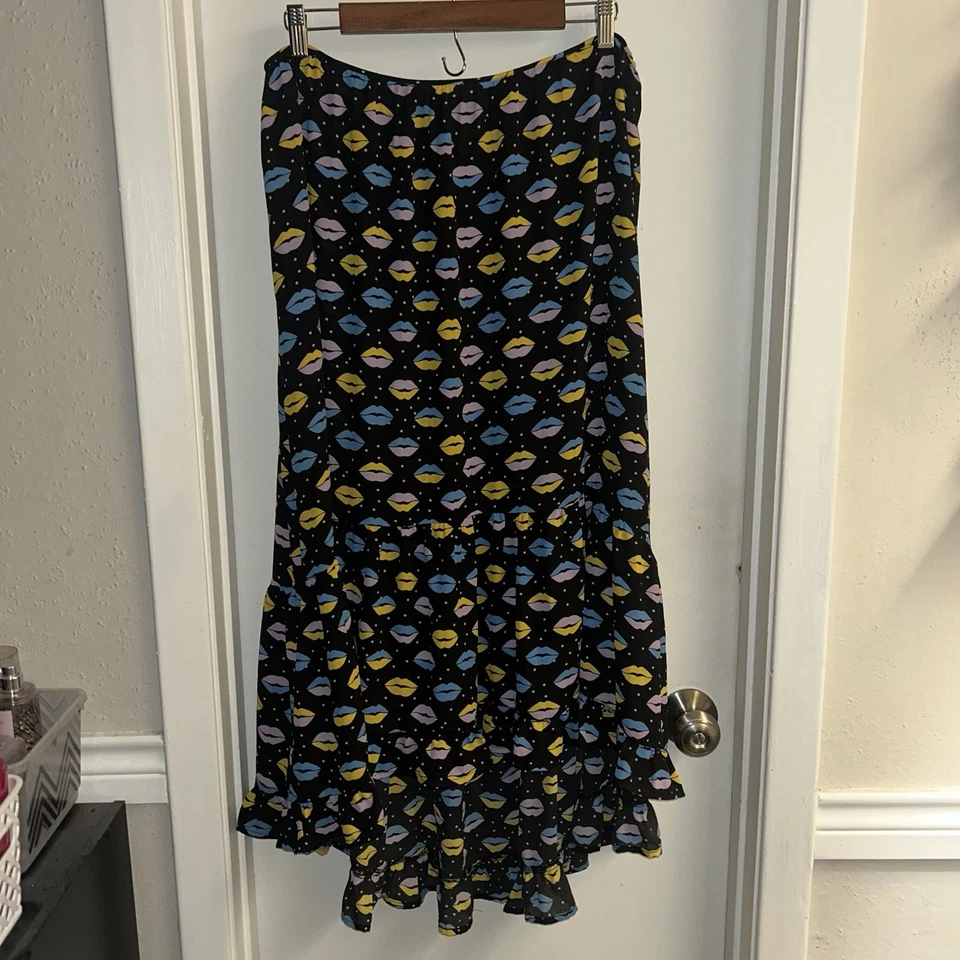 Falda midi Anna Sui negra multicolor con estampado de labios dobladillo retro arte talla XL Foto 2 de 4