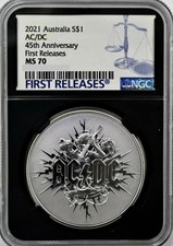 2021 Australia 50c ACDC 45th Anniversary .999 FINE  NGC MS70 Antiqued - FR