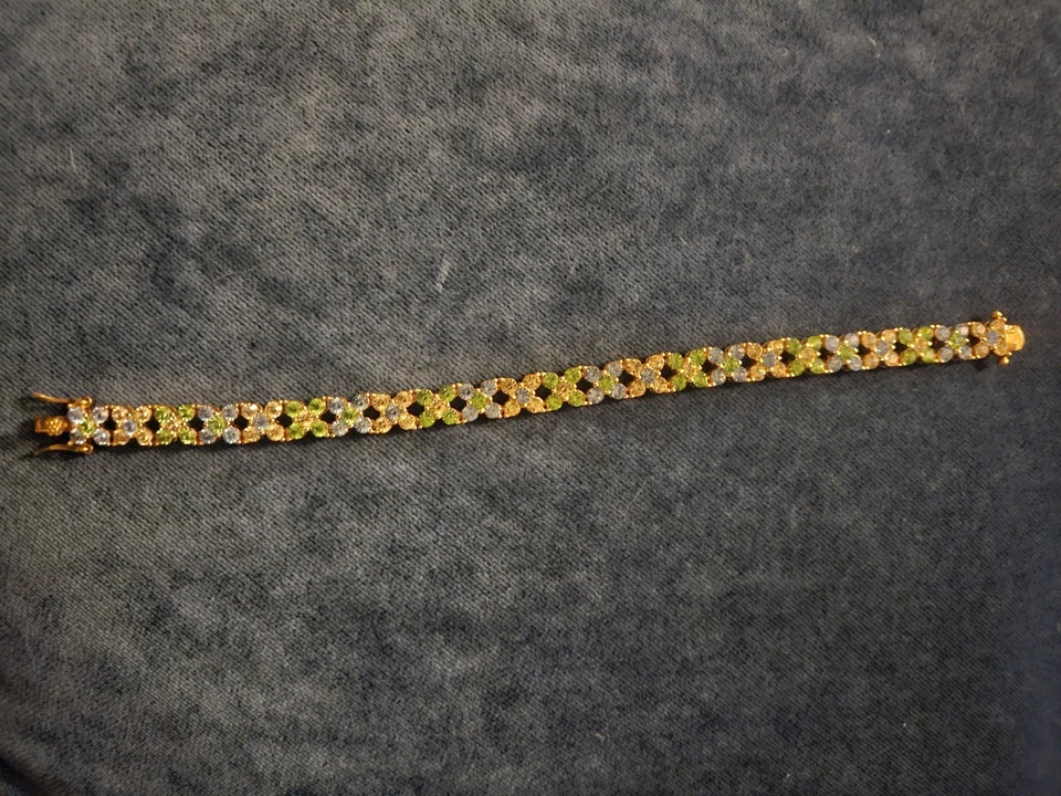 JOAN RIVERS GOLD, BLUE, GREEN CRYSTAL FLOWER TENNIS BRACELET, 7.5", VGC - Image 2 of 4