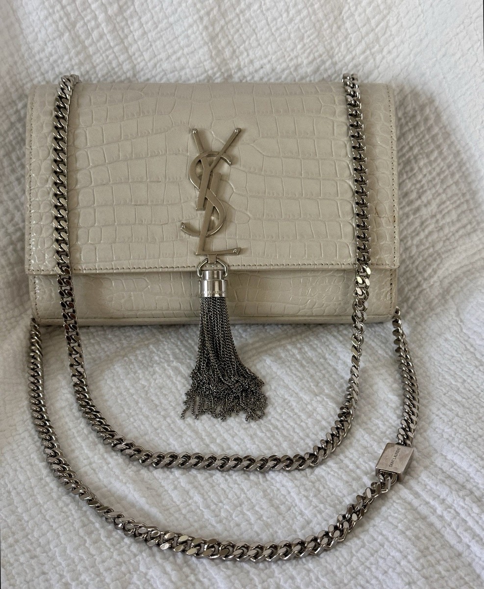 Yves Saint Laurent Dove White Croc Embossed Leather Small Kate