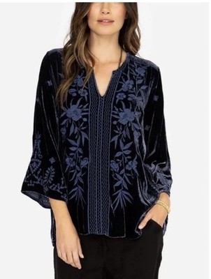 Johnny Was Adele Embroidered Velvet Blouse Floral Tunic Blouse Medium Navy Blue