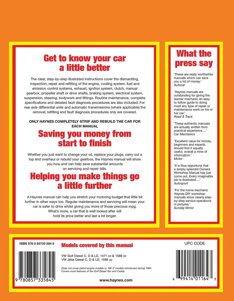 Volkswagen Golf & Jetta Mk 1 Diesel (1978-1984) Haynes Repair Manual - Image 2 of 4