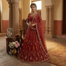 Sanskriti New Red Net Unstitched Lehenga Indian Wedding Hand Embroidered Zardozi