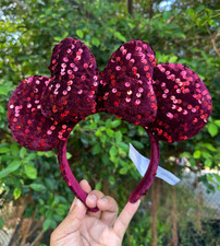 Tokyo Japan Disney Dark Red Velour Sequin Headband Minnie Mouse Ear Disneyland