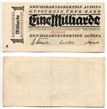 Deutsche Reichsbahn Altona  1 Milliarde Mark 23.10.1923  Erhaltung III+