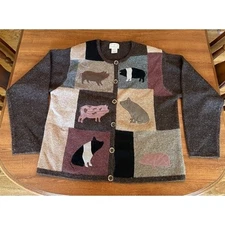 Susan Bristol Pig Patchwork Cardigan Novelty Knit Sweater Brown L